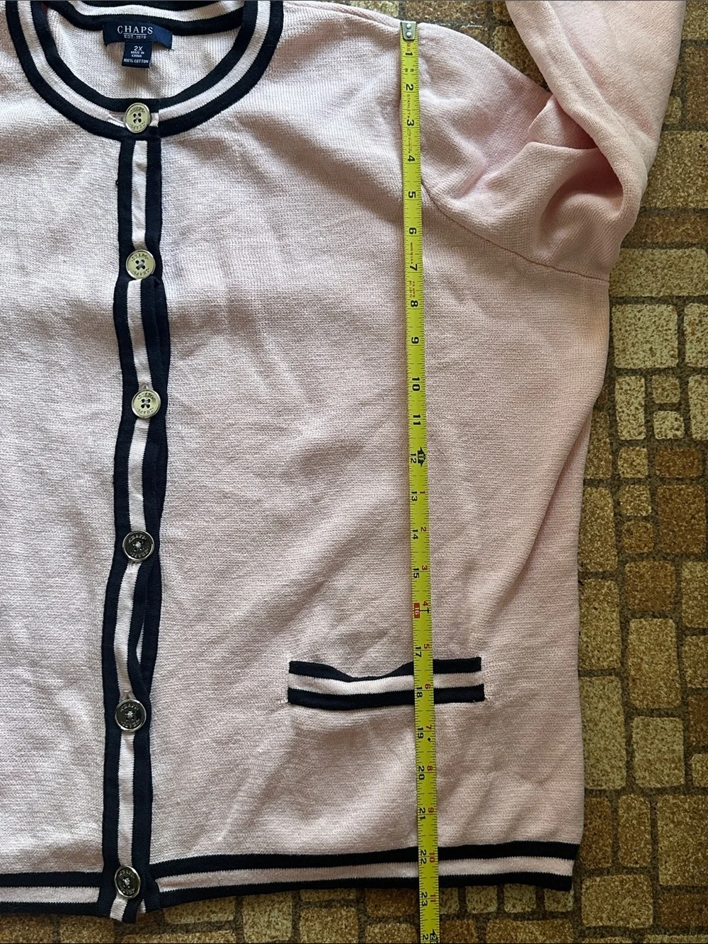 Chaps 100% Cotton Pink Cardigan with Black Trim and Silver Buttons - Picture 8 of 8